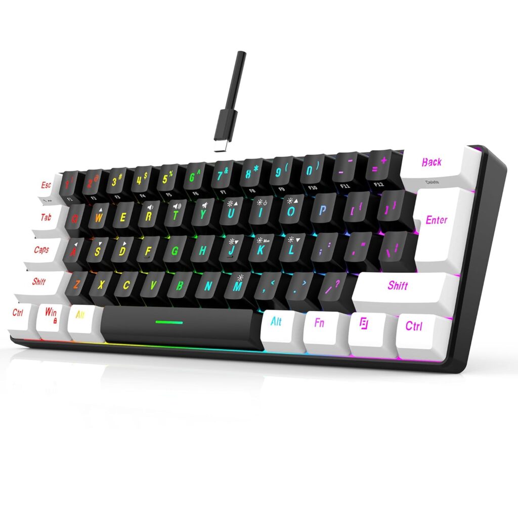 7KEYS 60% Mini Gaming Keyboard, Wired, 61 Keys, RGB Backlit, Mechanical Feel, Portable, Black and White, for PC/MAC/Laptop