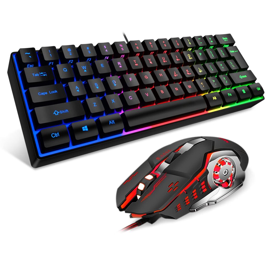 MFTEK 60% Gaming Keyboard and Mouse Combo, Ultra Compact 61 Keys TKL Design Gaming Keyboard with RGB Rainbow Backlit, Illuminated Gaming Mouse, USB Wired Keyboard Mouse Set for Laptop PC PS4 Gamer