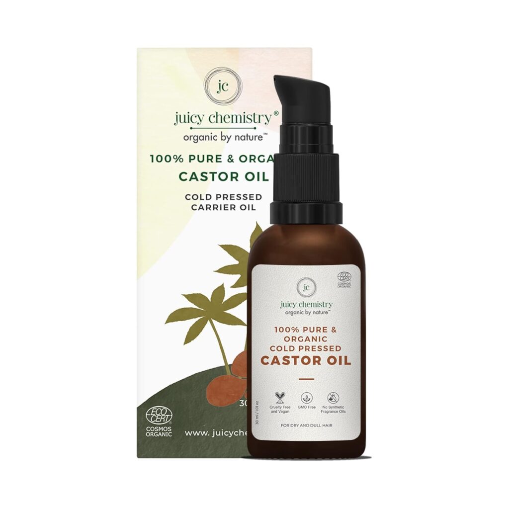 Juicy Chemistry Castor Oil, 30 ml | 100% Pure, Virgin, Cold Pressed & Certified Organic Carrier Oil | Boost Hair Growth for Thicker, Fuller & Stronger Hair | 100% Natural for Eyebrows & Eyelash Growth