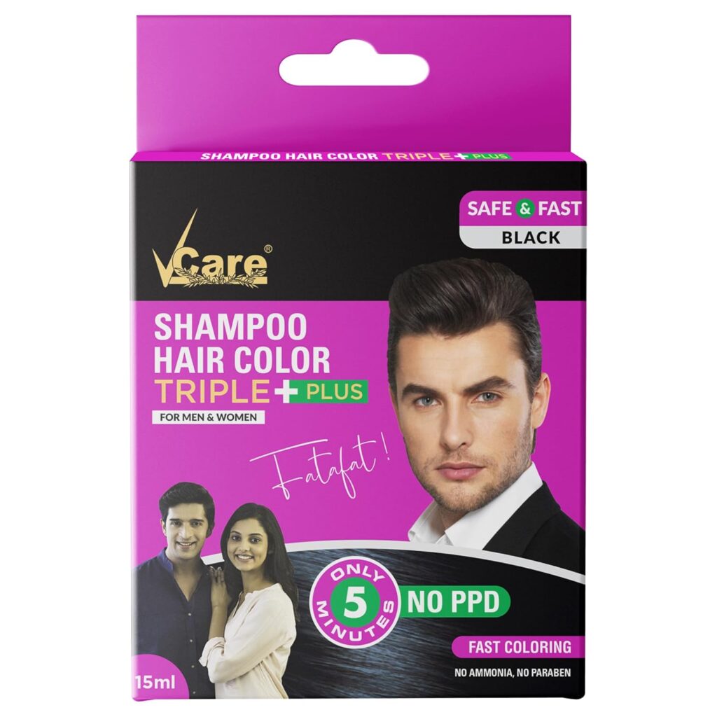 VCare Hair Color shampoo Black Only 5 Minute Root Hair Dye Coloring Kit Head, Moustache, Beard, Hands, Chest | No Parabens, Ammonia And Sulfates(15 ml Black)