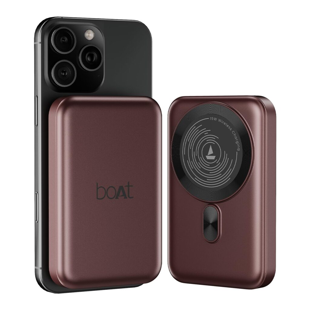 boAt New Launch EnergyShroom PB331 (Magsafe) 10000mAh Magnetic Wireless Powerbank, 15W Wireless & 22.5W Wired Charging for (iPhone 16,15,14,13 & 12, Android & Other Qi Enabled Devices) (Wine Red)