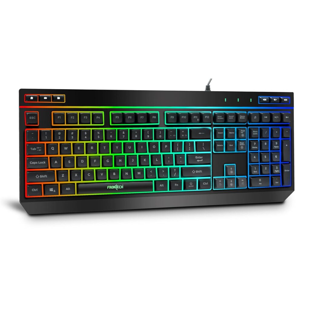 FRONTECH KB-0013 Wired Gaming Keyboard with RGB Backlighting, Membrane Keys, Retractable Stands, Ergonomic Design, USB Plug & Play, (KB-0013 - Black)