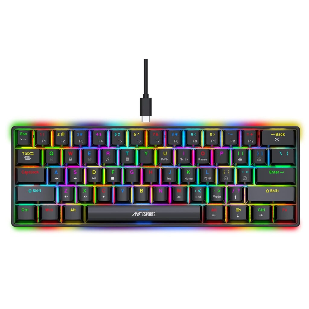 Ant Esports MK1300 V2 Portable 60 Percent Mechanical Keyboard, Compact 61 Keys Mini Gaming Keyboard for PC/Mac Gamer Switchable Colorful RGB Backlit Software, Swappable Switch - Red Switch – Black