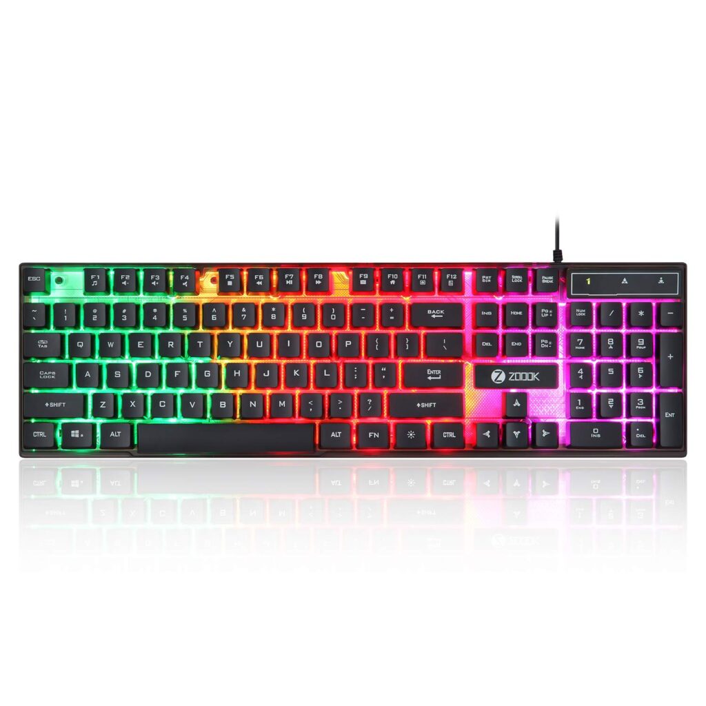 Zoook Concord USB Gaming Keyboard Rainbow Backlit RGB Lights 104 Keys Ergonomic Multimedia Keyboard for Laptop/PC/Computer Games and Work with Multimedia Keys/Windows Lock Key/Splash Proof (Black)