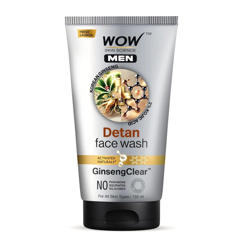 WOW Skin Science MEN KOREAN GINSENG + KOJIC ACID Detan Face Wash Gel | Reduces Tan & Dark Spots | GinsengClear™ Technology | Gentle Exfoliation | No Sulphates, Parabens or Silicones | 150ml