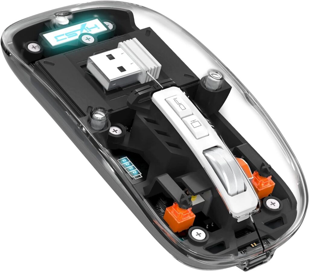 Printme Wireless Bluetooth 5.1 & 2.4G Lightweight Mouse,Transparent Clear Cool,Rechargeable Silent Computer Mice,Nano USB C Receiver,LED Battery Magic Silm for Office/PC/Mac/Laptop/Apple/ipad (Black)