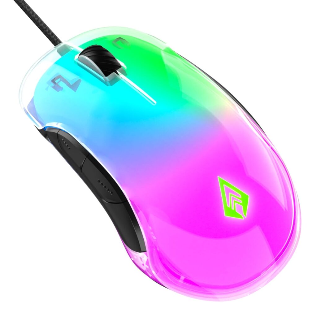 Archer Tech Lab Wired Gaming Mouse,Precise Tracking, Rapid Response with Sunplus Sensor, Adjustable 12000 DPI, 8 Programmable Buttons, Huyu Switches, RGB Backlit| for PC/Mac (Recurve 400-Transparent)