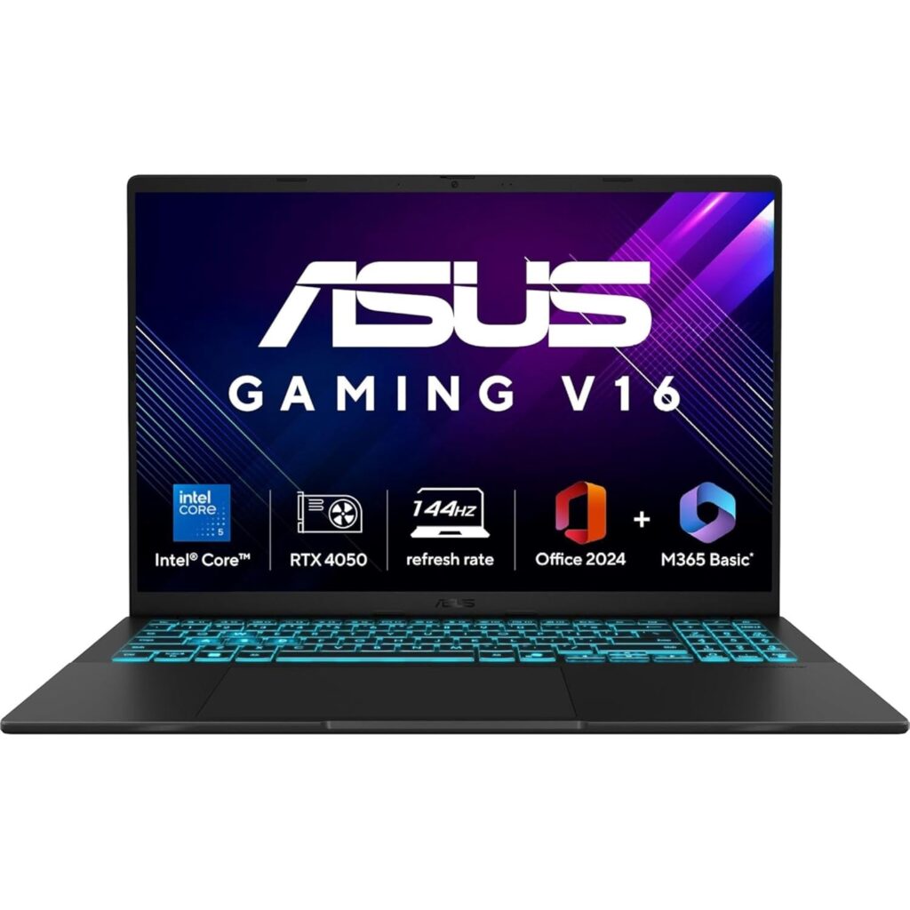 ASUS Gaming V16 (2025) with Office 2024 + M365 Basic*, AI PC,14th Gen,Intel Core 5 210H(16GB RAM/512GB SSD/Windows 11 Home/RTX 4050-6GB/144 Hz)Gaming Laptop (16", Matte Black,1.95 Kg),V3607VU-RP550WS