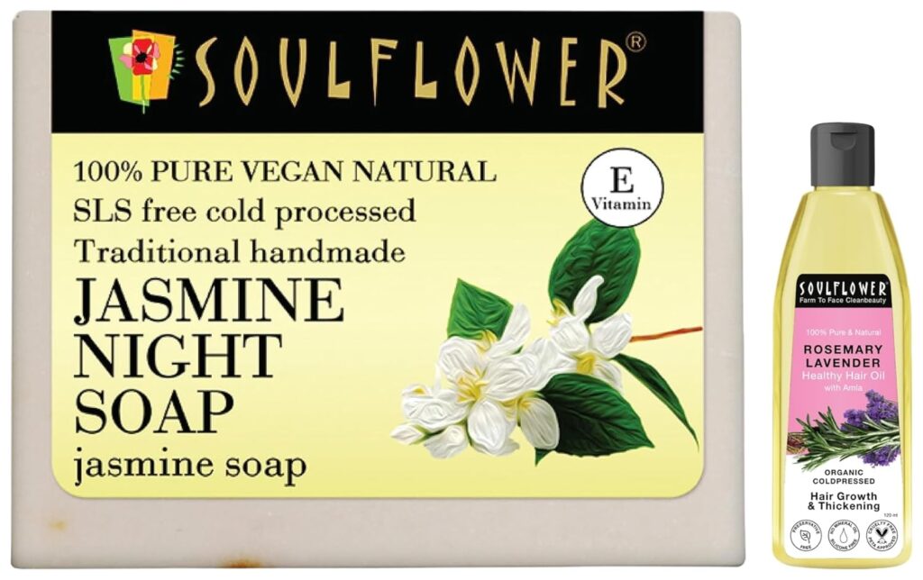 Soulflower Rosemary Lavender Hair Oil For Healthy Hair, Scalp Nourishment, Hair Growth - 100% Pure & Natural Undiluted Cold Pressed Oil, 120Ml Jasmine Handmade Soap