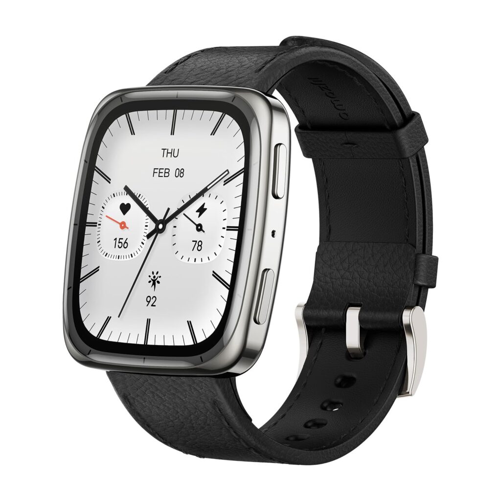 Amazfit Active 2 Square, 2000 Nits Bright AMOLED Display, Built in GPS, 10Day Battery, for Android & iPhone, Accurate Readings, BT Call, Sleep Monitor, 5ATM Water Resistant, Black Leather