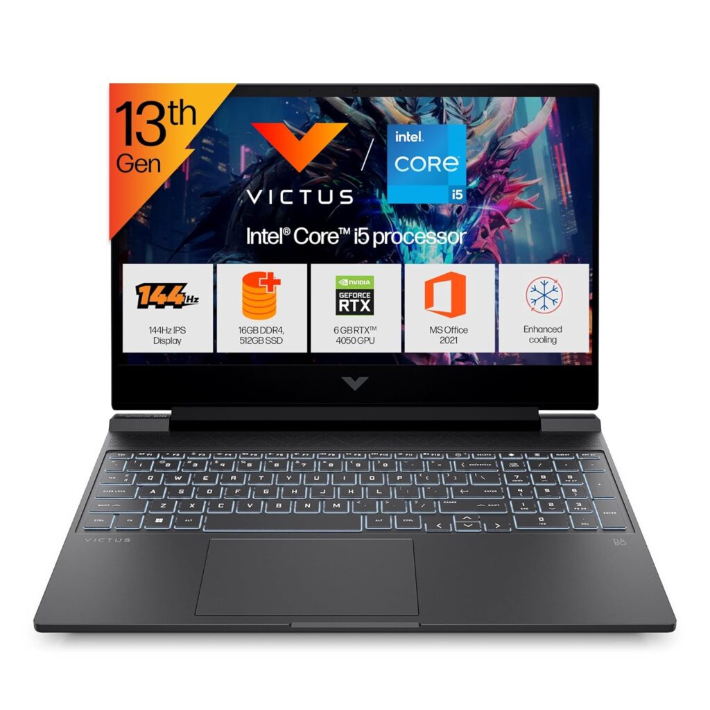 HP Victus, 13th Gen Intel Core i5-13420H, 6GB RTX 4050 (16GB DDR4, 512GB SSD) FHD, 144Hz, IPS, 15.6"/39.6cm, Win11, Office21, Mica Silver,2.3kg, fa1319TX/2701tx, Backlit,Enhanced Cooling Gaming Laptop
