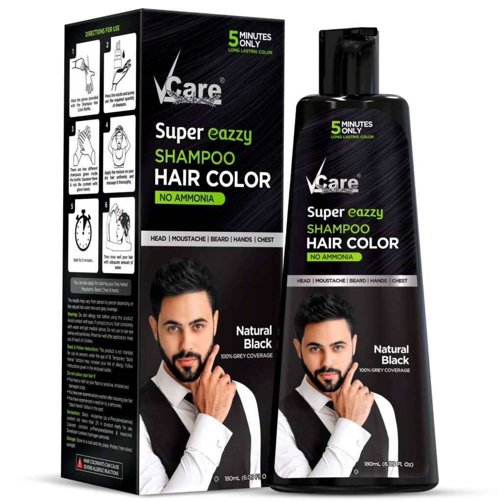 VCare Super Eazzy Hair Colour Shampoo for Women and Men 180ml | Only 5 Minute Root Hair Dye Coloring Kit Head, Moustache, Beard, Hands, Chest | No Parabens, Ammonia And Sulfates - Black