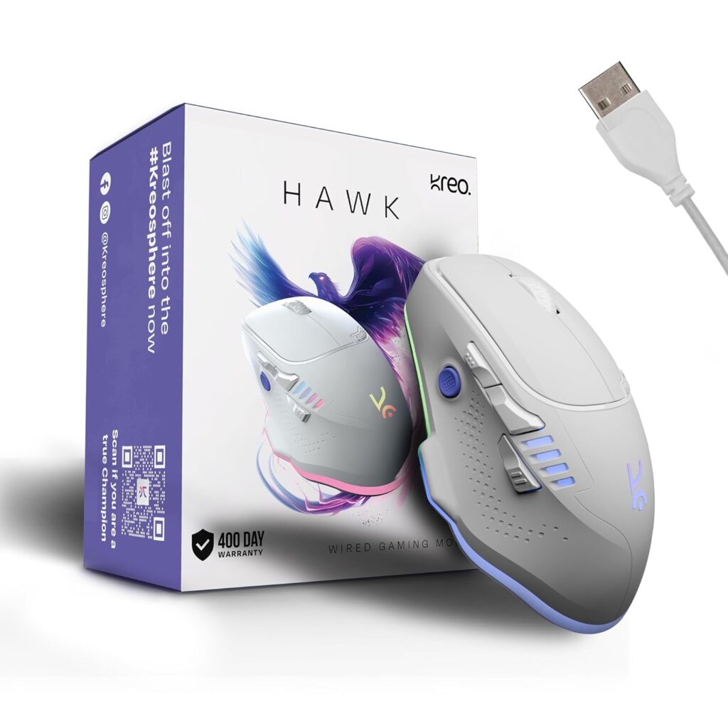 Kreo Hawk Gaming Mouse with Programmable Buttons & RGB Lighting | Top Pixart Sensor | Adjustable DPI with 1.5m Long Braided Cable and Optical Sensor | Pixart 3327 & Durable (Hawk, White)