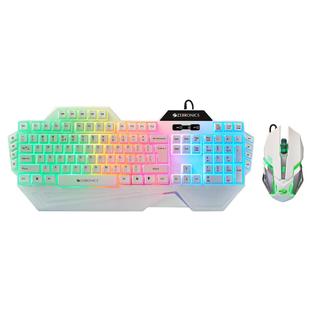 ZEBRONICS Optimus Gaming Keyboard & Mouse Combo, Braided Cable, Gold Plated USB, Upto 3600 DPI, 6 Buttons, High Resolution Sensor, Multicolor LED, Dedicated Macro Keys, 117 Keys (White)
