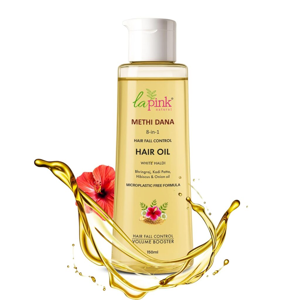 La Pink Methi Dana 8-in-1 Hair Oil For Hair Growth & Thickness | Reduces Hair Fall, Dandruff & Baldness | Enriched with Hibiscus, Bhringraj, Indian Bay Leaf & Onion | 150ml