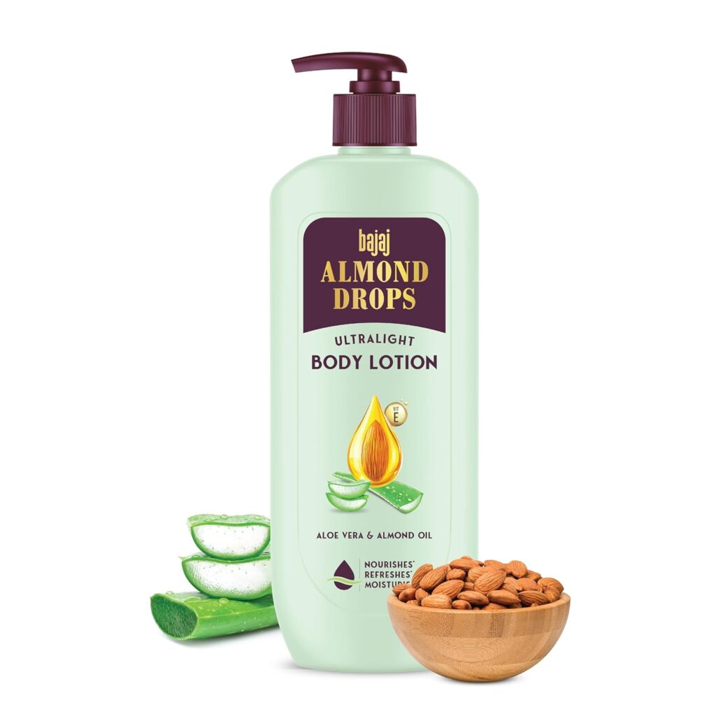 Bajaj Almond Drops Ultralight Body Lotion for Women and Men | Refreshing Hydration- Aloe Vera, Almond Oil & Vitamin E, 400 ml