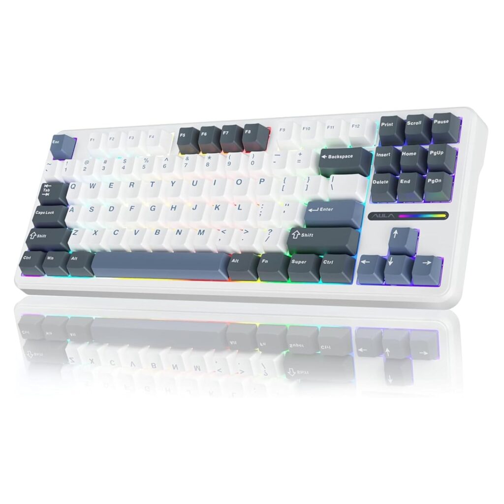 AULA F87 Wireless Mechanical Keyboard | 75% TKL Gasket Custom Hot Swappable, 2.4Ghz/Type-C/Bluetooth Gaming | Pre-lubed Switch RGB Backlit (Smoke Blue, GrayWood Switch)