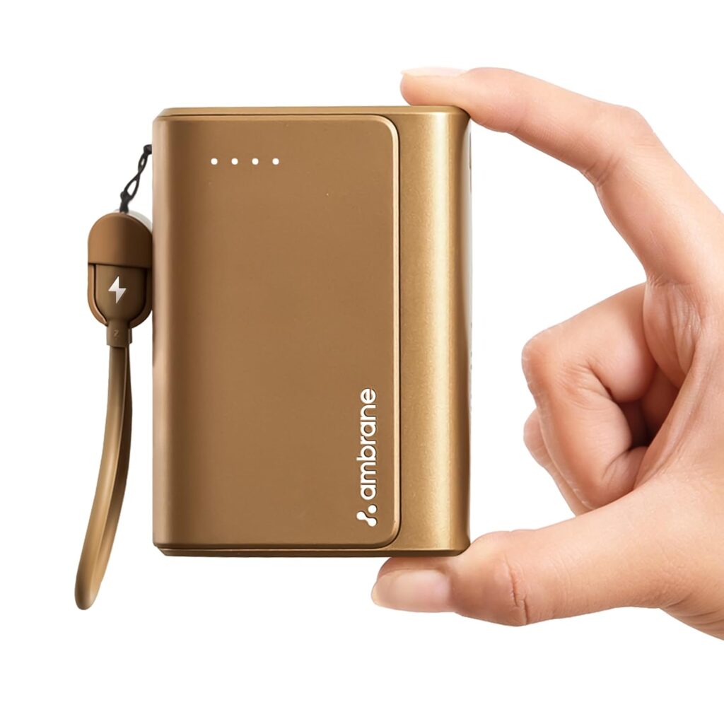 Ambrane 20000mAh 35W Fast Charging Small Pocket Size Powerbank, Hanging InBuilt Type C Cable, Type C PD & USB Output for iPhone, Android Mobiles & Other Devices (PowerMini 20, Golden)