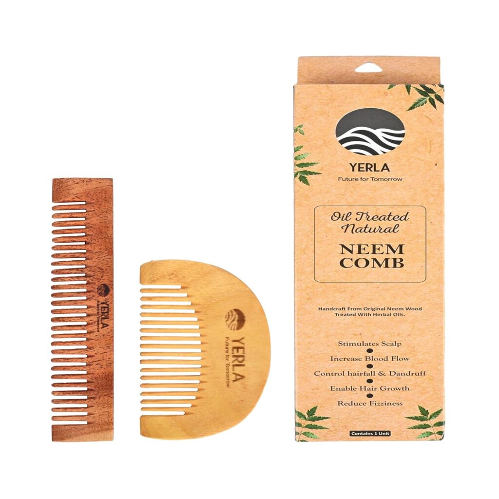 YERLA Handmade Kacchi Neem Wooden Beared Comb | Soaked in 17 Herbs and 4 herbal Oil | Beard neat and tidy by detangling and straightening the hair (Beared & Pocket comb) Premium Combo Pack of 2