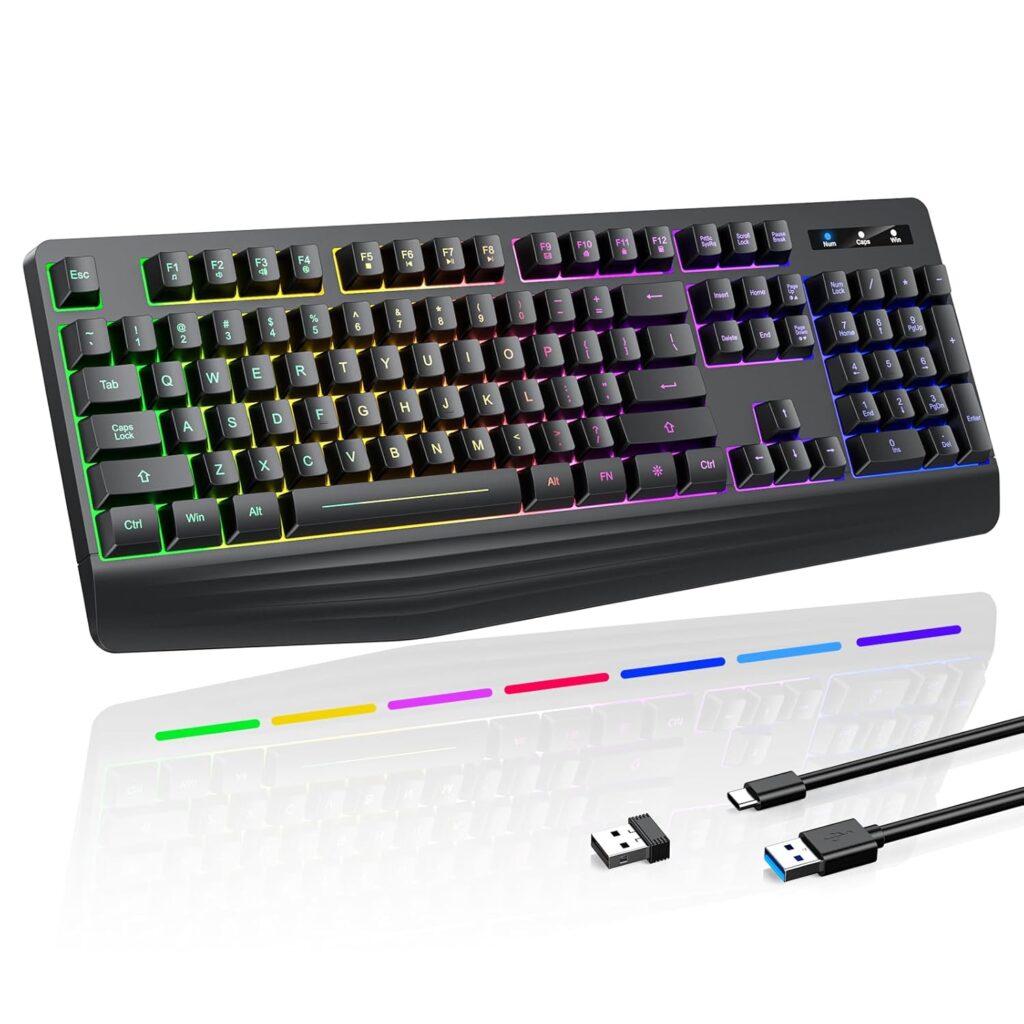 yesbeaut Wireless Gaming Keyboard, RGB & Solid Backlight, Full Size Waterproof, Silent Keys, Wrist Rest, Sleep Mode, Rechargeable, USB-A, Gaming-Keyboards, Keyboard