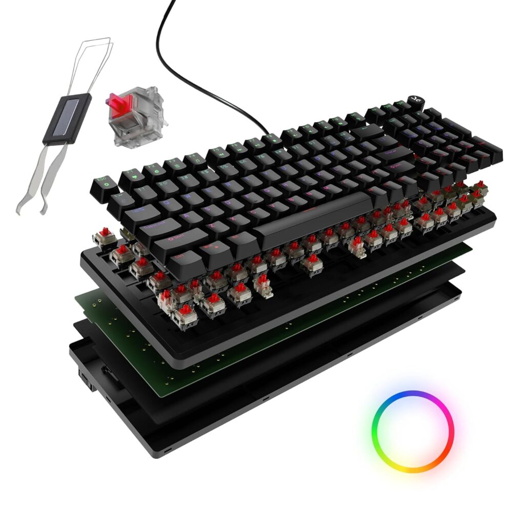 Kreo Hive 98 Wired RGB Mechanical Gaming Keyboard | Full Size 98 Keys, Metal Volume Knob, Per-Key RGB, Hot-Swappable Switches (All Black, Red)