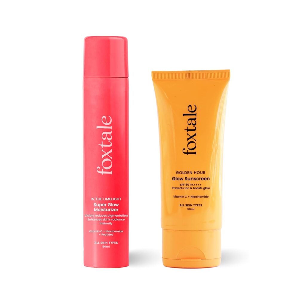 Foxtale Golden Glow Duo | SPF 50 Glow Sunscreen & Super Glow Moisturizer | Vitamin C, Niacinamide & Peptides | Brightens, Hydrates, Prevents Tan & Pigmentation | Lightweight, Non-Sticky, No White Cast | All Skin Types | Summer Essentials