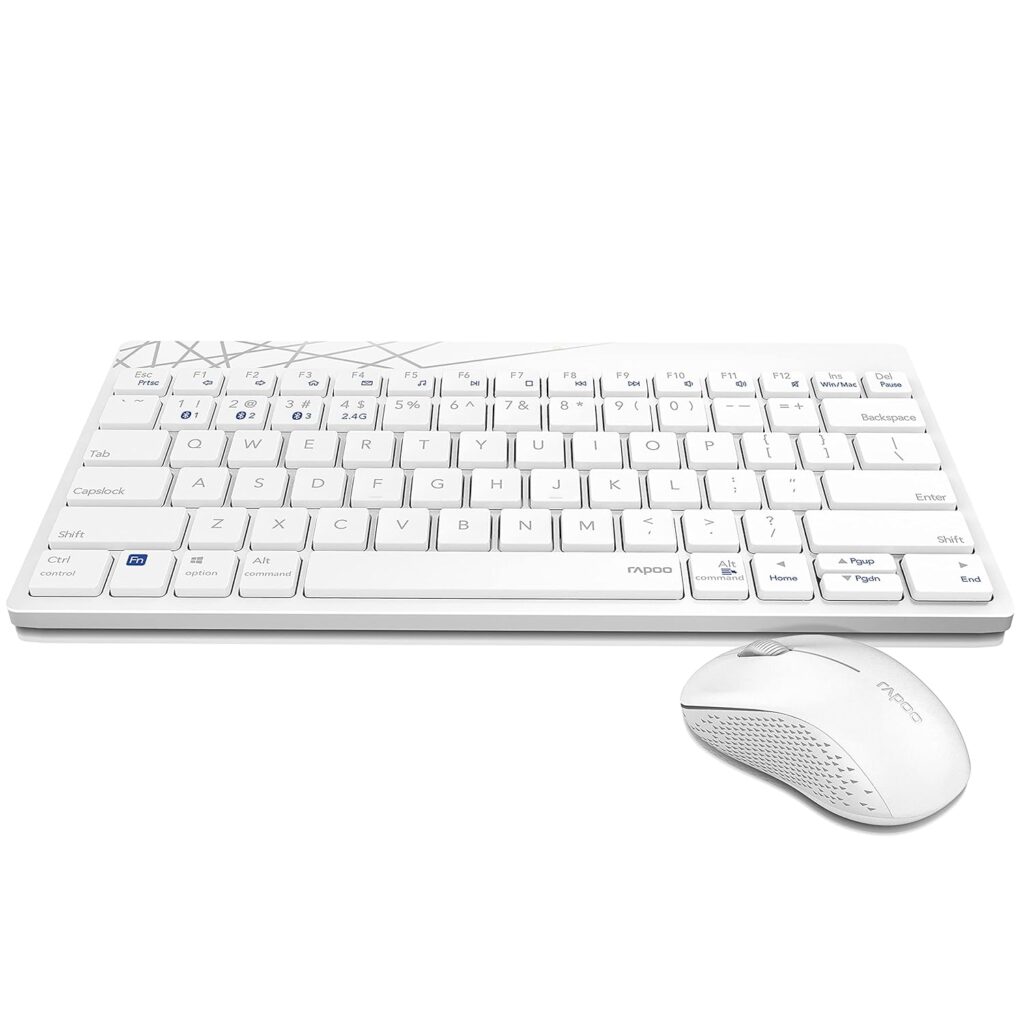 Rapoo 8000M Multi-Mode Keyboard & Mouse Bluetooth 3.0/4.0 Wireless 2.4 GHz 1300 DPI Combo-White
