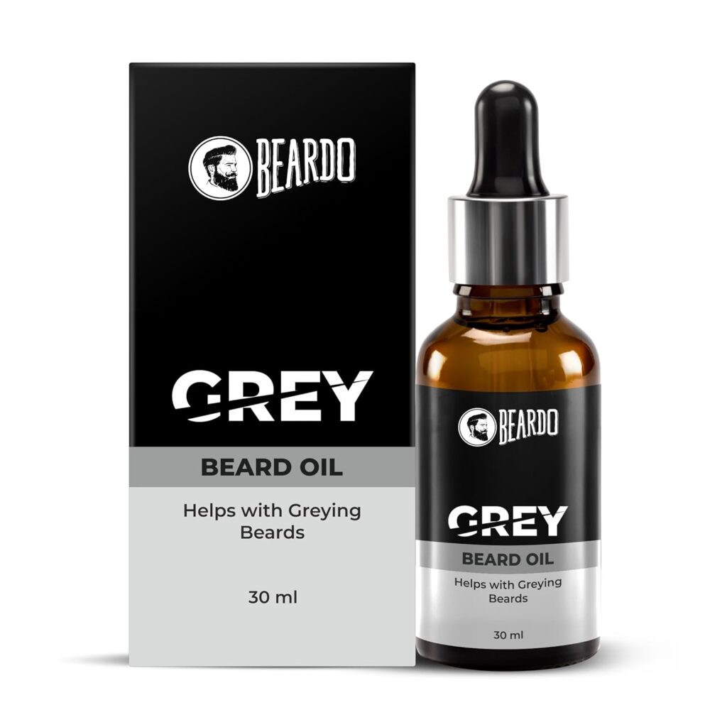 Beardo Grey Beard oil for Men, 30 ml | Helps with greying beards | Also contains Bhringraj + Henna + Curry leaves + Black tea extracts for restoring natural black beard color | Lightweight and Non-Sticky