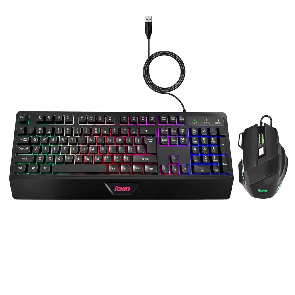 FOXIN Endeavour Gaming Keyboard and Mouse Combo Wired | RGB Rainbow Backlit Keyboard with 104 Keys & Wrist Rest | 3600 DPI LED Breathing Mouse | Plug & Play for PC, Laptop, Desktop