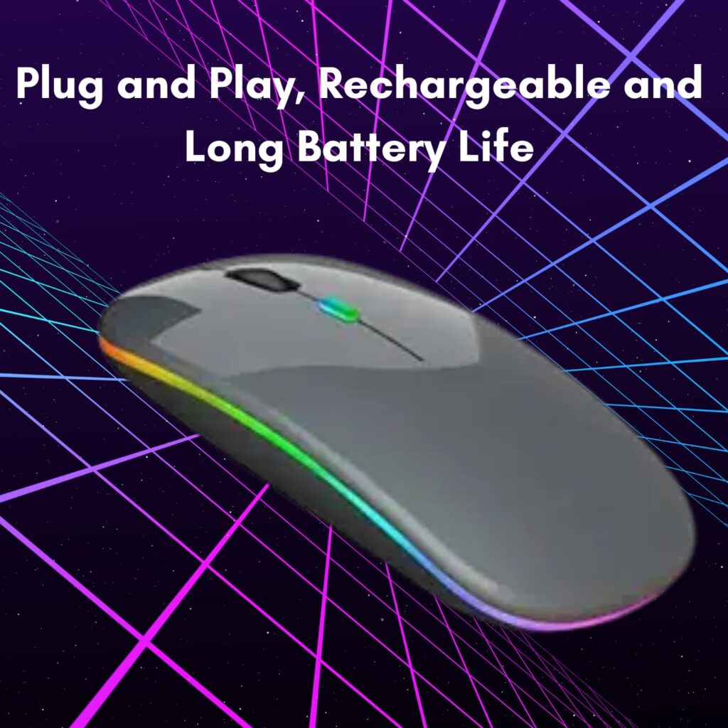 Dezful Wireless Mouse Gaming Mouse 2.4GHz Rechargeable Silent Optical Mouse with USB Receiver 1000/1200/1600 DPI Ergonomic Mouse with 7 Color Breathing Lights for PC Laptop(Grey)