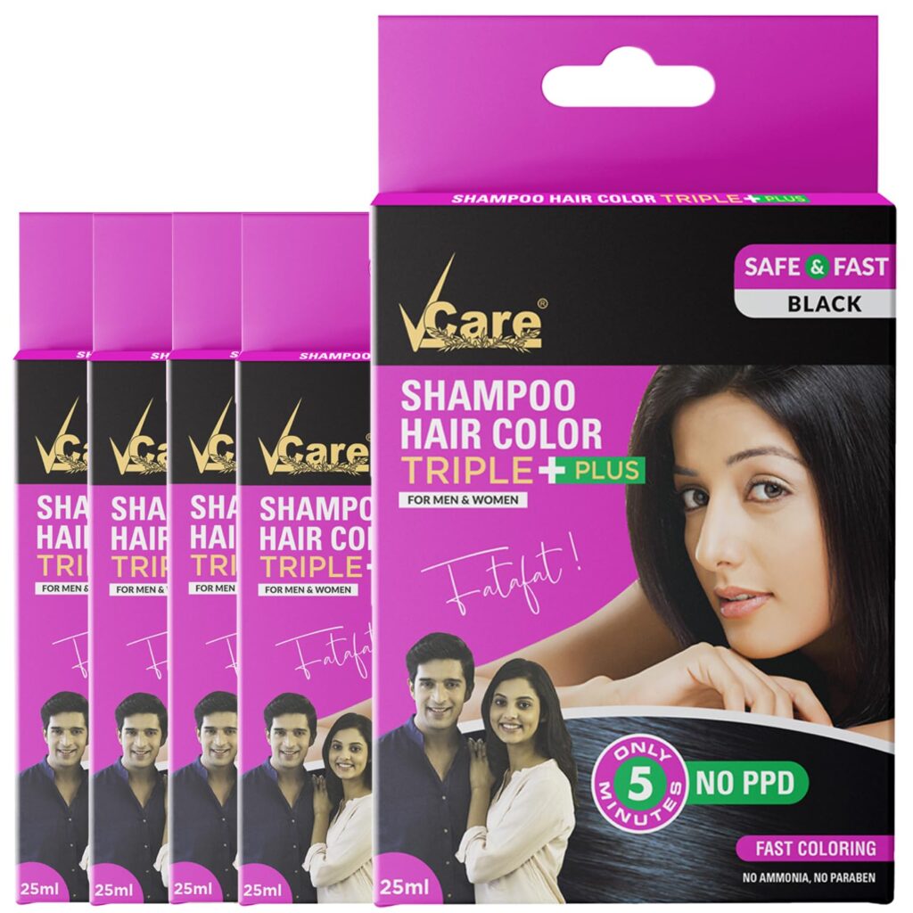 Vcare Shampoo Hair Color, Black, 25ml-Colors and deeply nourishes your hair-Enriched with growth factors & antioxidants, Ammonia-free, Sulphate free (Pack of 5)