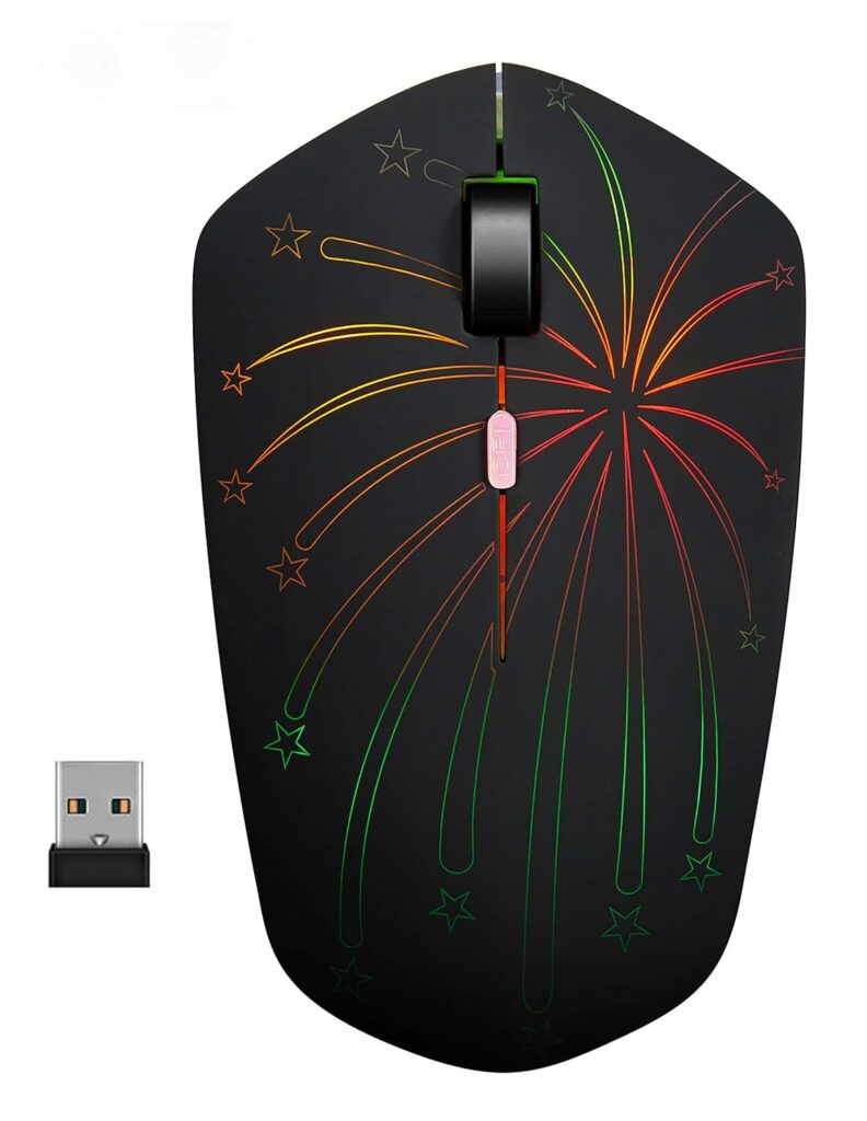 Rechargeable Wireless Mouse, Illuminating Backlit Powered by Li-Polymer Battery, Optical Sensor, Nano USB Receiver,3 Stages DPI Speed, 4 Buttons for PC, Laptop, Tablet, MacBook etc. (Solo Firework)