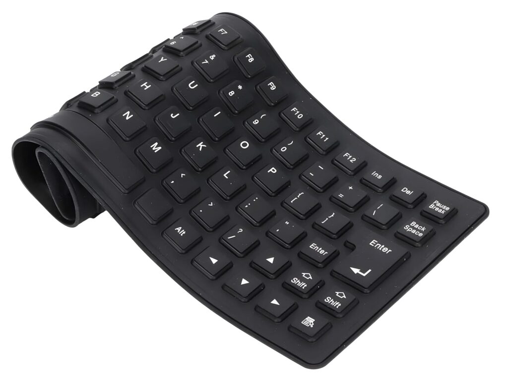 XIKKART Foldable Silicone Keyboard, USB Waterproof Travel Gaming Wired Keypad, Rollup Wired Folding Keyboard Compatible with Windows, PC, Laptop, Mac Notebook Full Size (Black) (Flexible)