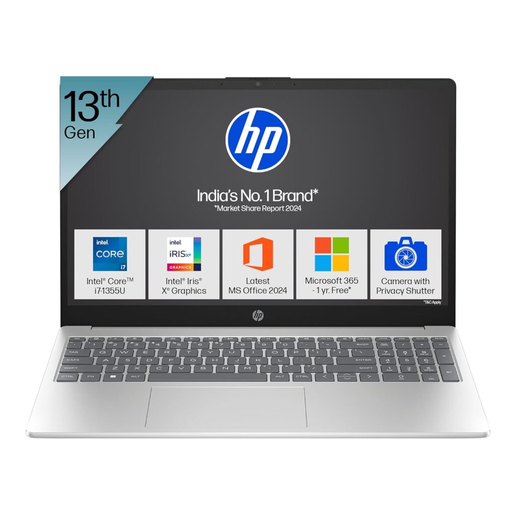 HP 15 Laptop,13th Gen Intel Core i7-1355U Laptop(16GB DDR4,512GB SSD) Anti-Glare, Micro-Edge,15.6" FHD, Win11, M365 Basic(1yr),MSOffice 2024,Silver,1.59kg, Iris Xe, Camera w/Shutter,FPR, fd0515TU