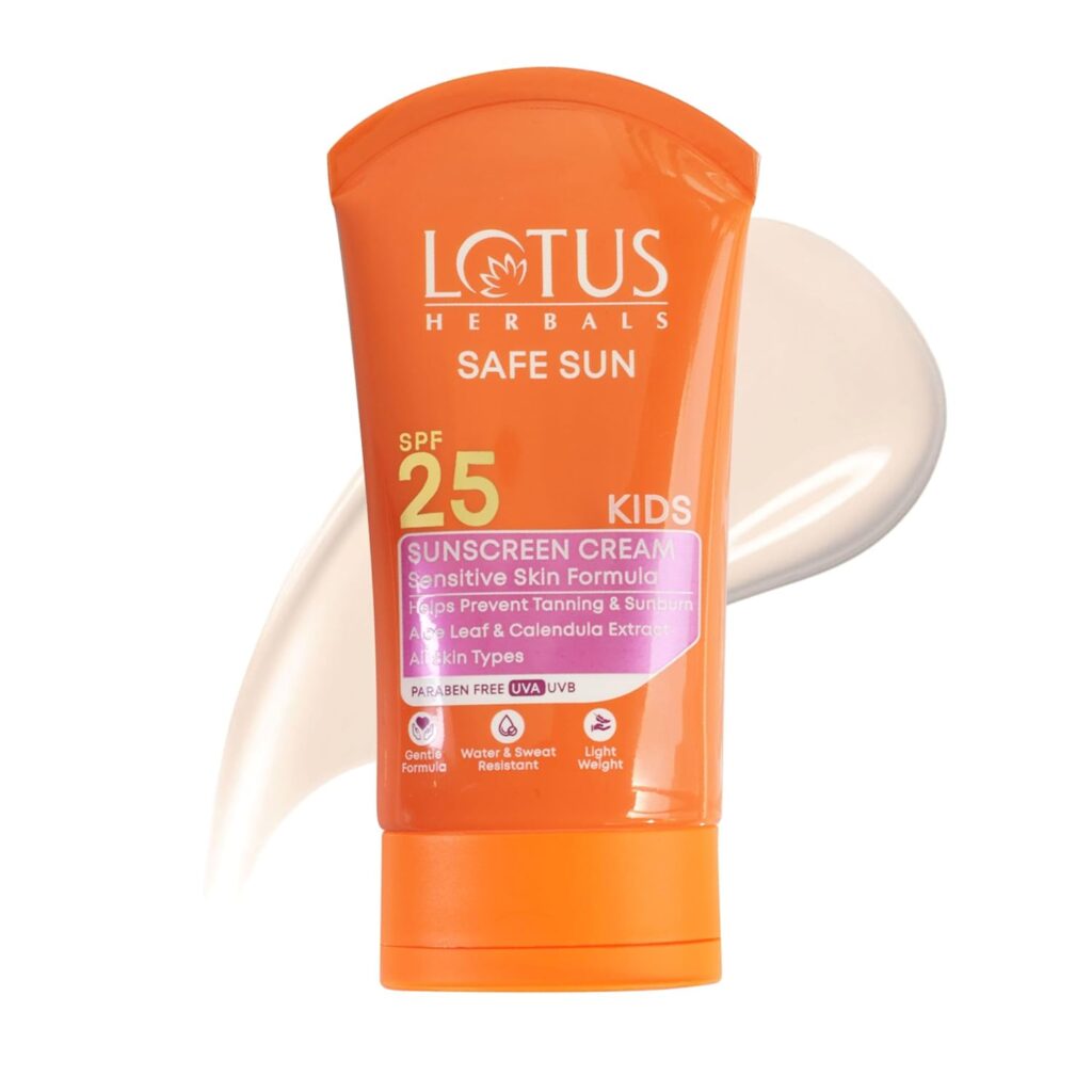 Lotus Herbals Safe Sun Kids Sunblock Cream SPF 25, Sensitive Skin Formula, Sweat & Waterproof Sunscreen, 100g
