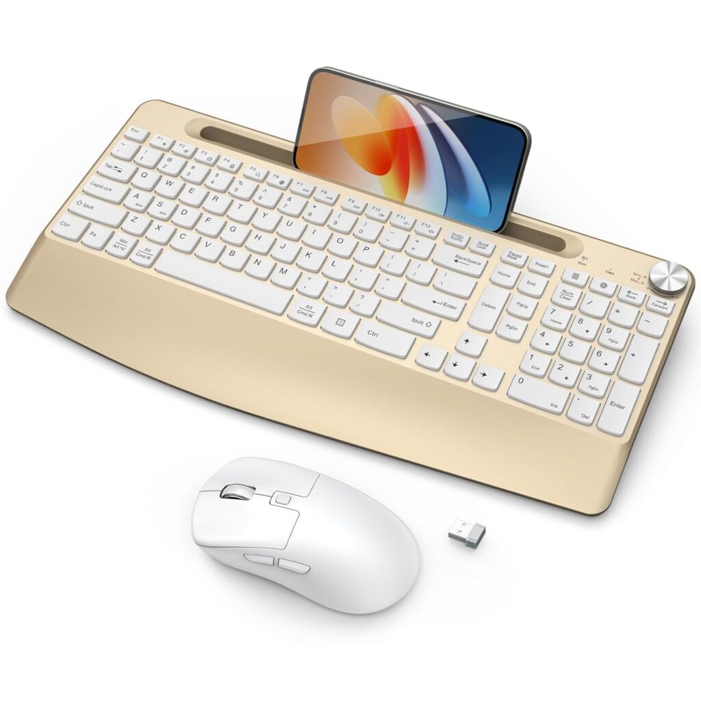 GAMCATZ Ergonomic Wireless Keyboard and Mouse with Wrist Rest,Phone Holder - 2.4GHz Full-Sized Low-Profile Quiet Gold Wireless Mouse and Keyboard Combo for Computer, Laptop, PC, Mac-Gold