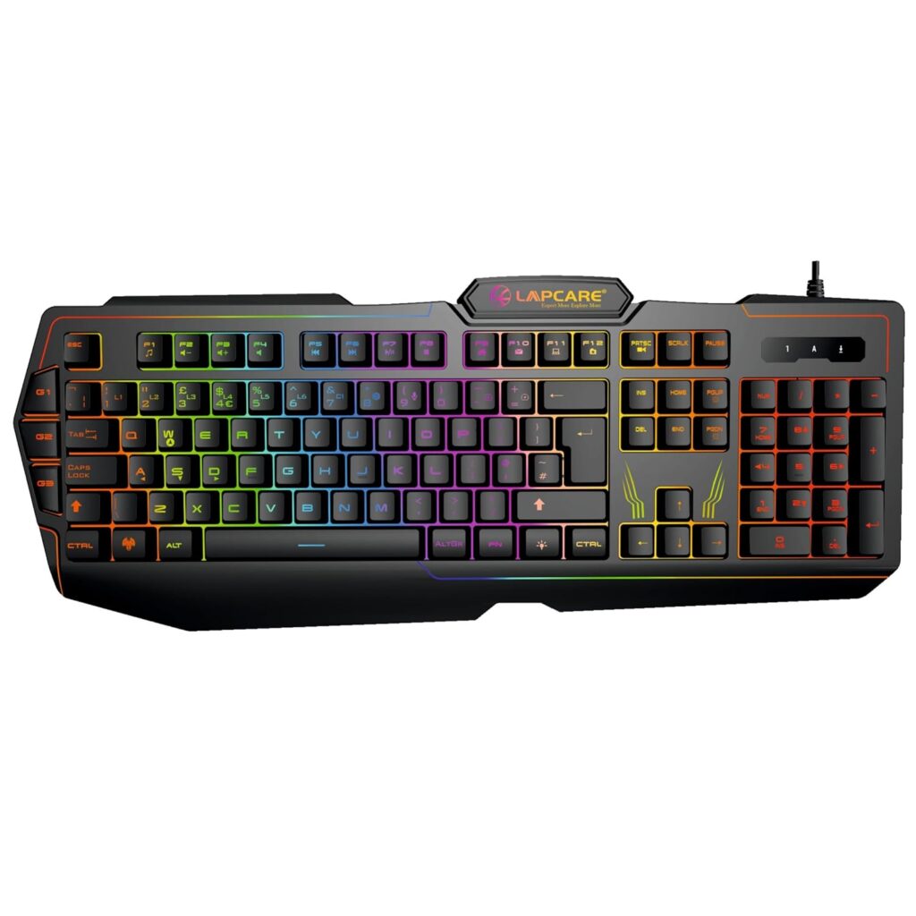 LAPCARE Champ (LGK-102) Multi Key Anti ghosting RGB Gaming Keyboard, Rubber Dome Key Switches, Spillproof, 2 USB Passthrough,3 Programmable G Buttons RGB LED Backlit, |1 Year Warranty