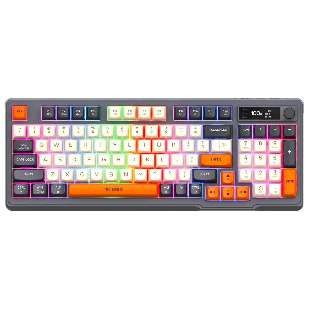 Ant Esports MK801 V2 Pro Wireless Mecha Membrane Backlit Gaming Keyboard 94 Keys 2.4G/Bluetooth Mode Compact Numeric Pad RGB Keyboard for Home Internet Cafe Game Room Office_ Grey, Beige, Orange