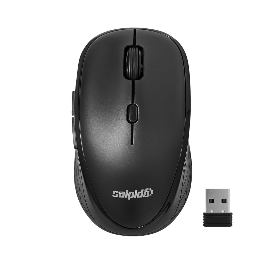 Salpido RWM1 Wireless 2.4GHz Rechargeable Mouse – 1600 DPI, 6 Buttons, Ergonomic Design, 10 Meter Range, Silent Clicks, Long Battery Life, Plug-and-Play, Compatible with PC & Laptop (Black)