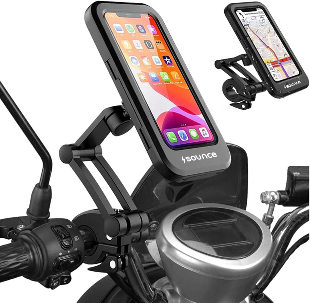 Sounce Bike Phone Mount Waterproof Cell Phone Holder 360 Rotation Motorcycle Smartphone Case Universal Bicycle Handlebar Sensitive Touch Screen Fit Below 4-7.2 Inches Smartphone (Black)