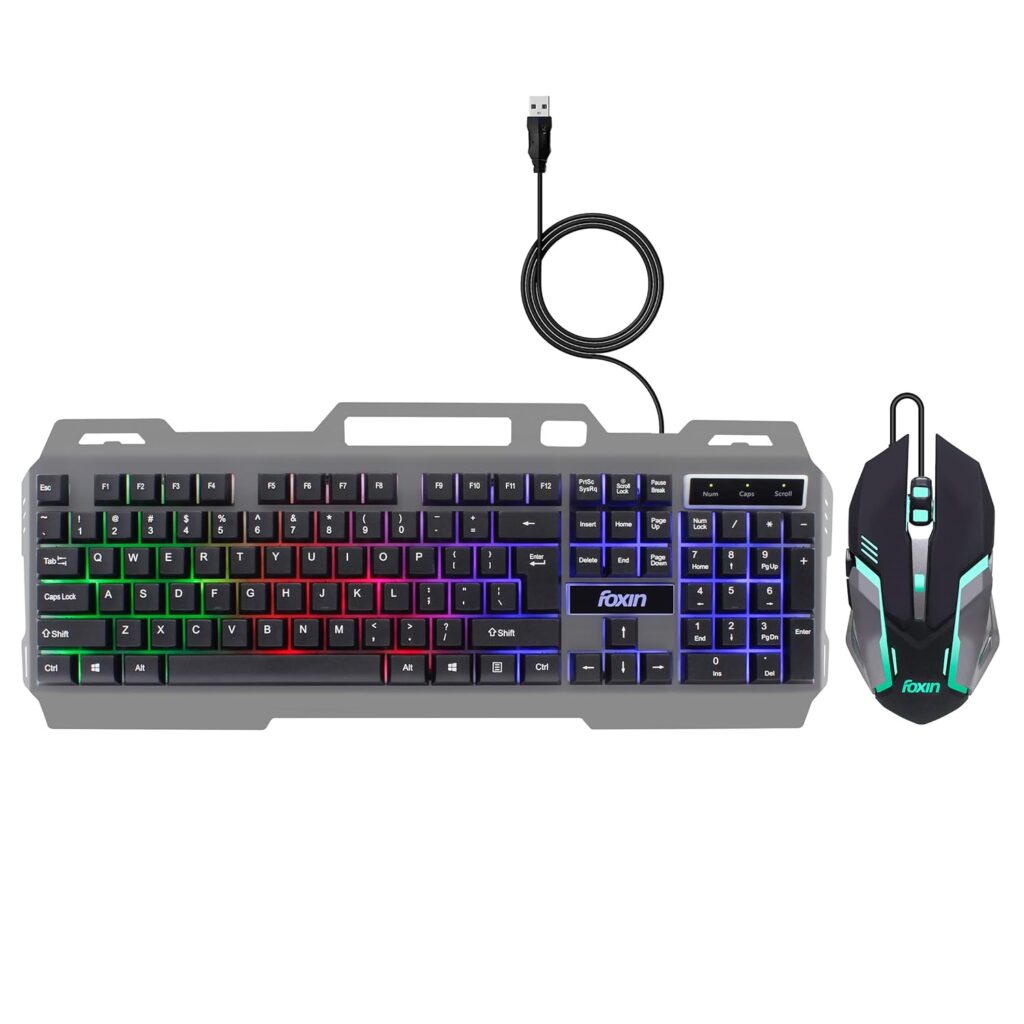 FOXIN Thunder Gaming Keyboard and Mouse Combo | Rainbow Backlit Membrane Keyboard (104 Keys) with Phone Holder | 3600 DPI Breathing LED Mouse | USB Plug & Play | Wired Gaming Combo for PC & Laptop
