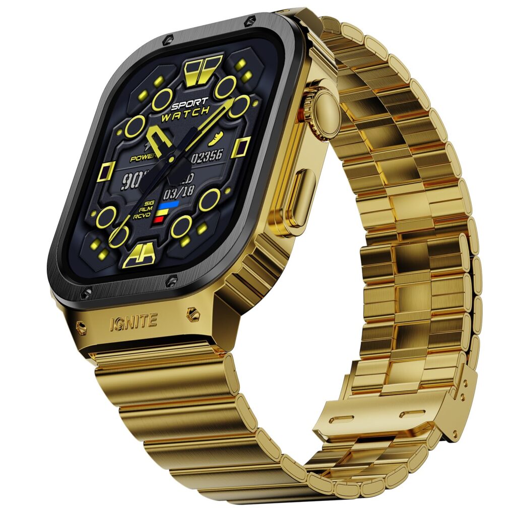 Fire-Boltt Maverick Smartwatch 51.308mm (2.02 inch) IPS Display, Luxury Stainless Steel Look, 320x385 Pixel Resolution, Bluetooth Calling, Voice Assistant (Black Gold)