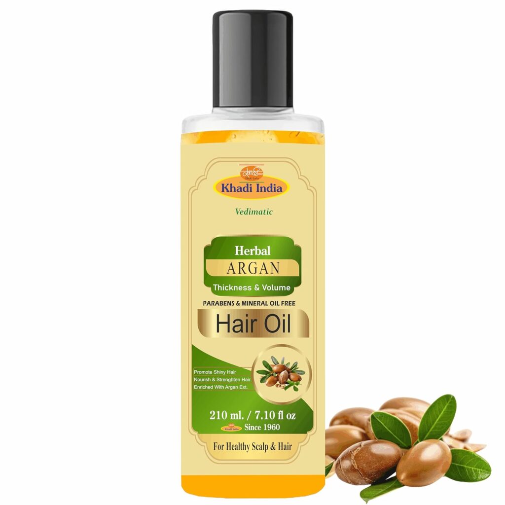 Khadi 100% Herbal Pure & Natural Argan Hair Oil, with the Goodness of Olive oil & Sunflower Oil, for Dry & Frizzy Hairs 200ml with khadi india logo