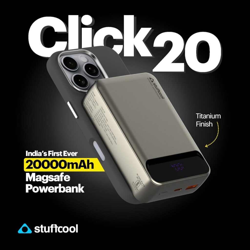 Stuffcool Click 20000mAh Magnetic Wireless Powerbank Natural Titanium Finish Perfect for iPhone 16,15,14,13,12 with Led Display and 20W Fast Wired Charging - Charges iPhone 50% in 30 mins