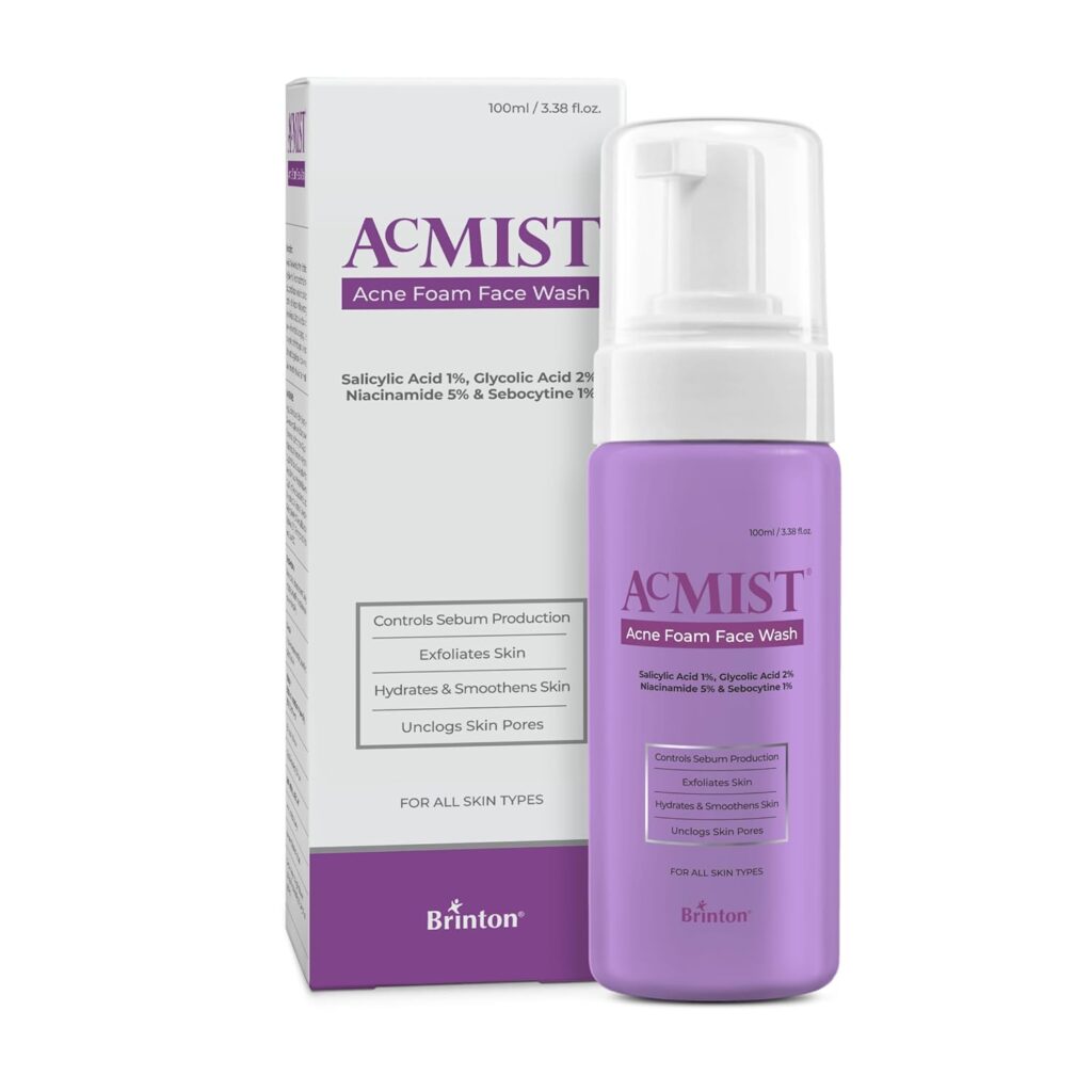 Brinton Acmist Acne Foam Face Wash | 1% Salicylic, 2% Glycolic & 5% Niacinamide | Controls Sebum, Unclogs Pores, Smoothens Skin | For All Skin Types | 100 ml