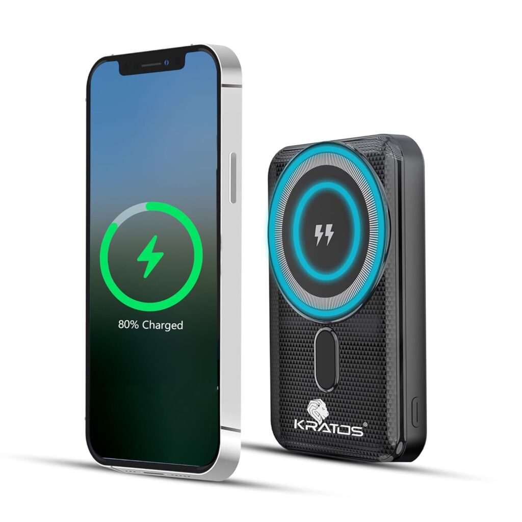 Kratos Legend Prime Mini Wireless Powerbank 10000mAh 15W Magnetic Wireless Fast Charging Power Bank with 22.5 USB Type C Connector Compatible with iPhone 12&Above & Other QI Enabled Devices,Black