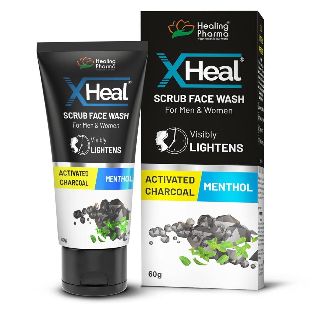 Healing Pharma - XHeal Scrub Face Wash For Men & Women with Activated Charcoal & Menthol | Charcoal Face Wash Control Excess Oil, Unclogs Pores & Detoxifies Skin - 60g