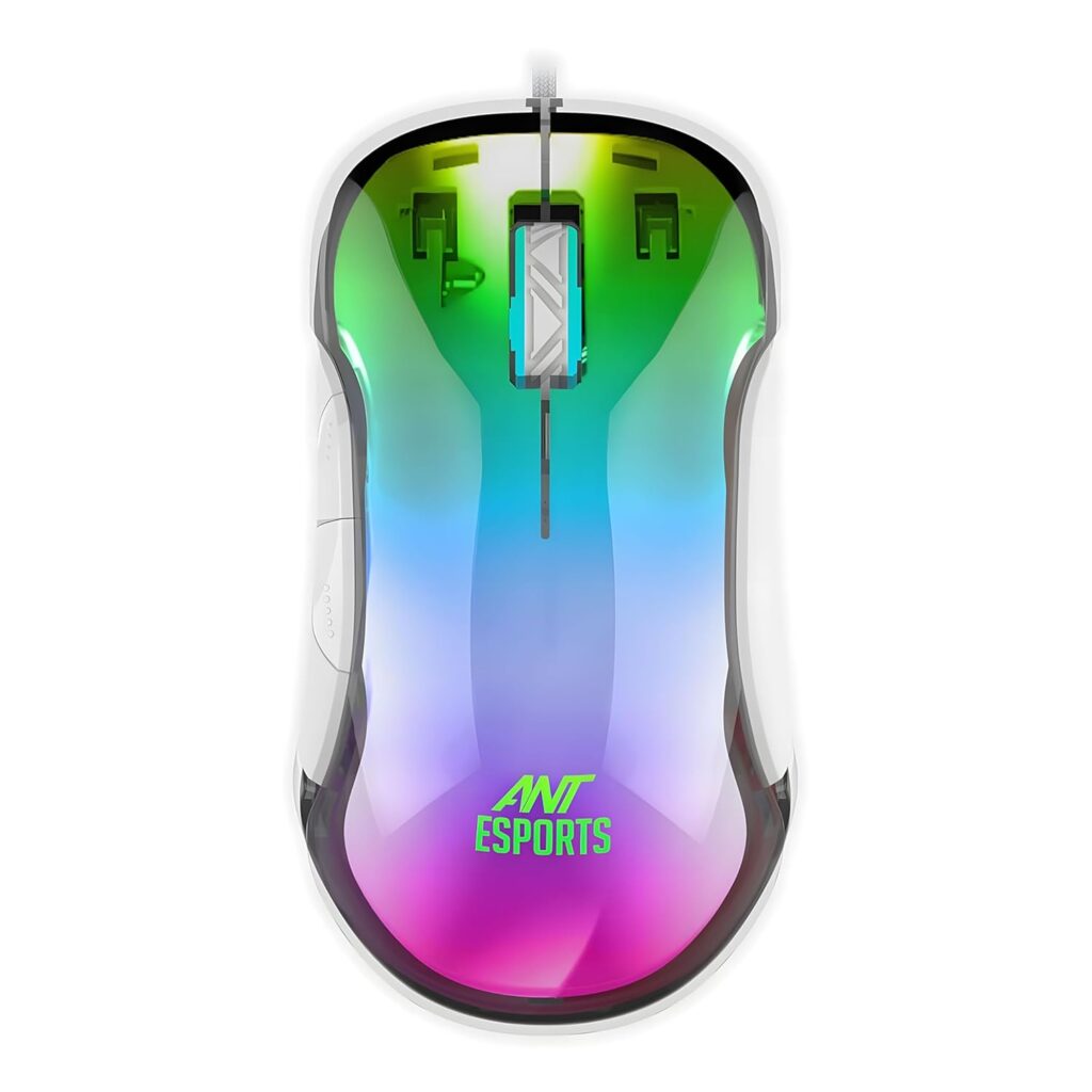 Ant Esports GM610 7D Crystal Full RGB Gaming Mouse, Instant 825 Chip, 7 Adjustable DPI Up to 12800, Lightweight Mouse, 7 Buttons, Ergonomic Gamer Mice for Windows/Laptop/PC/Mac OS- White