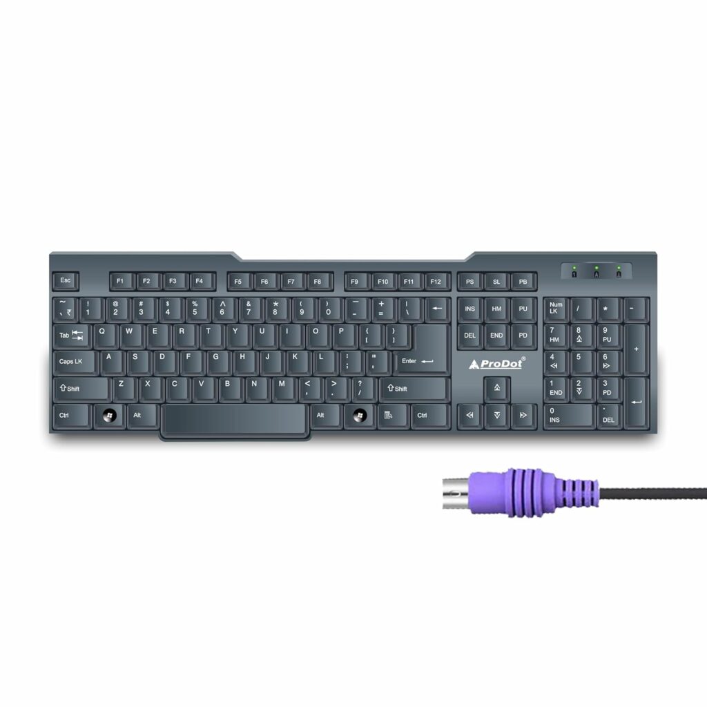 ProDot Choice PS2 Wired Keyboard With Plug & Play Technology, 104 Keys, 10M Life, 1.2m Cable, Rupee Key, Spill Resistant Design, Compatible With Windows, iOS, Linux, 1 Year Warranty