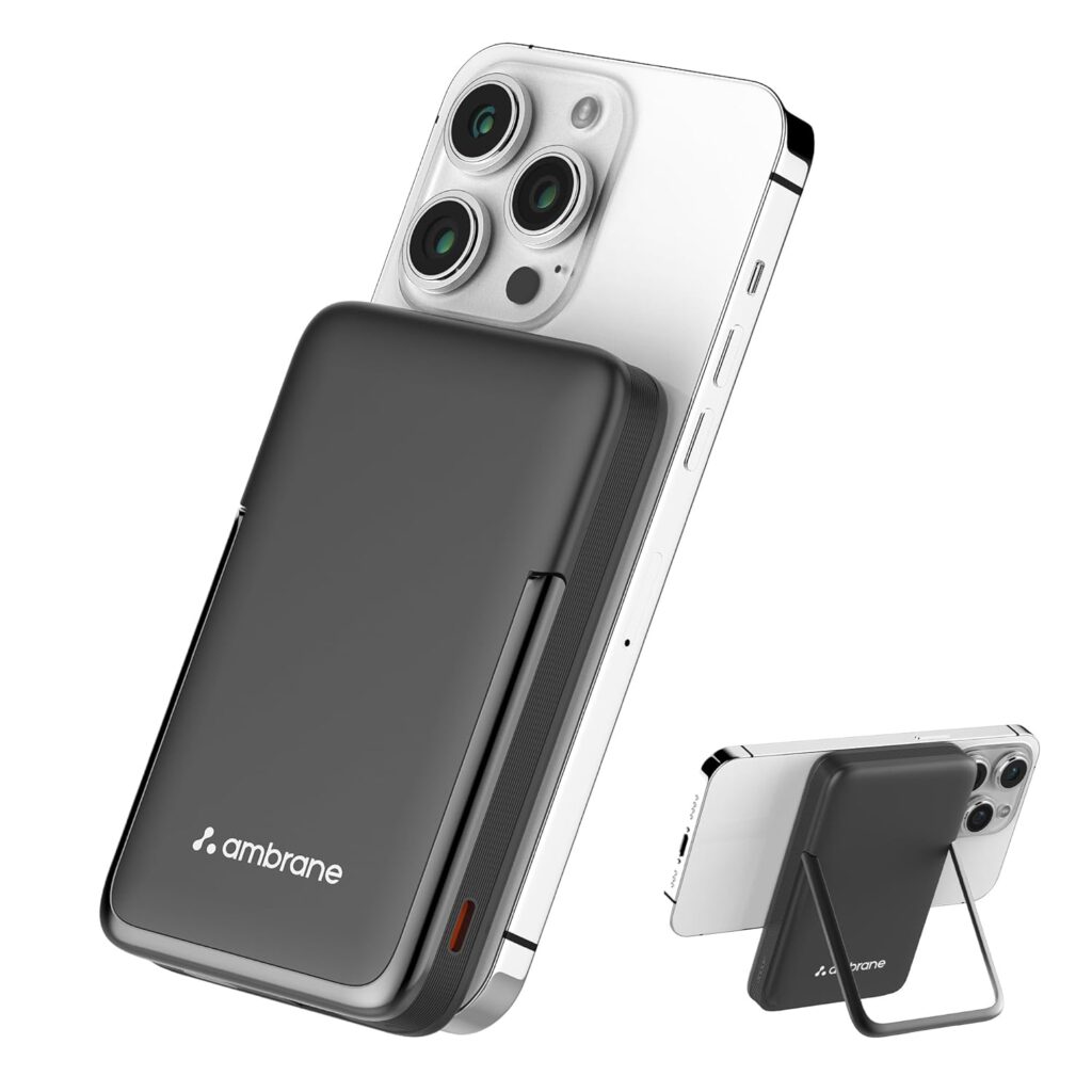 Ambrane 10000mAh MagSafe Powerbank with Stand 22.5W Wired & 15W Wireless Fast Charging Dual Input (Type-C & Lightning) | Triple Output | for iPhone 16/15/14/13/12 & Android Devices (PB11, Black)
